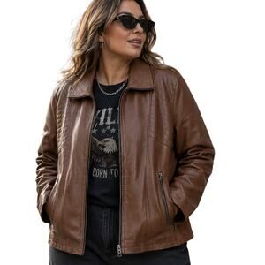 Jild Leather & Plush Jacket Womens Size 2X Brown Full Zip Moto Outdoor Biker
